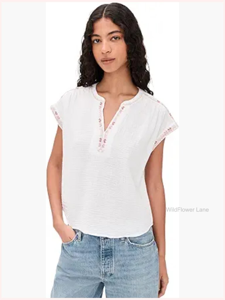 Short Cap Sleeve V-Neck Blouse - Lightweight Gauze